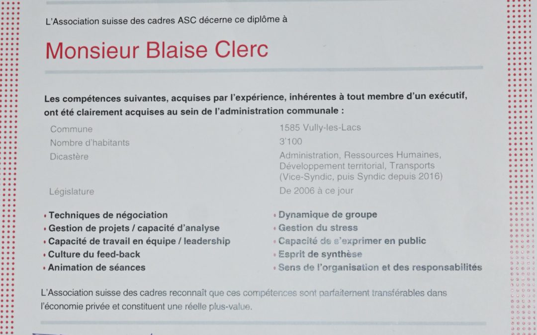Blaise Clerc obtient son certificat en gestion communale