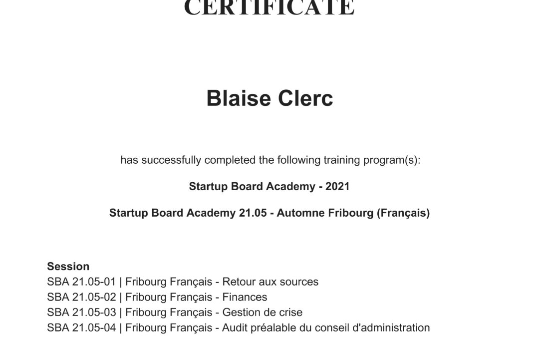Startup Board Academy : Blaise Clerc complète sa formation d’administrateur